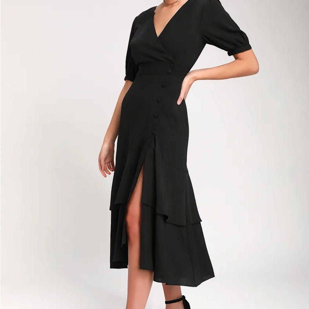 NWOT Lulus Made My Day Black Button-Up Short Sleeve Midi Dress